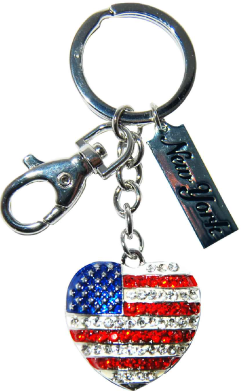 USA Flag Heart Shaped Key Ring with Diamonds & New York Tag