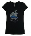Black Rhinestone Big Apple Ladies Fitted V-Neck Tee