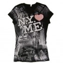B/W Rhinestone  NY Loves Me with Liberty Ladies Fitted Tee